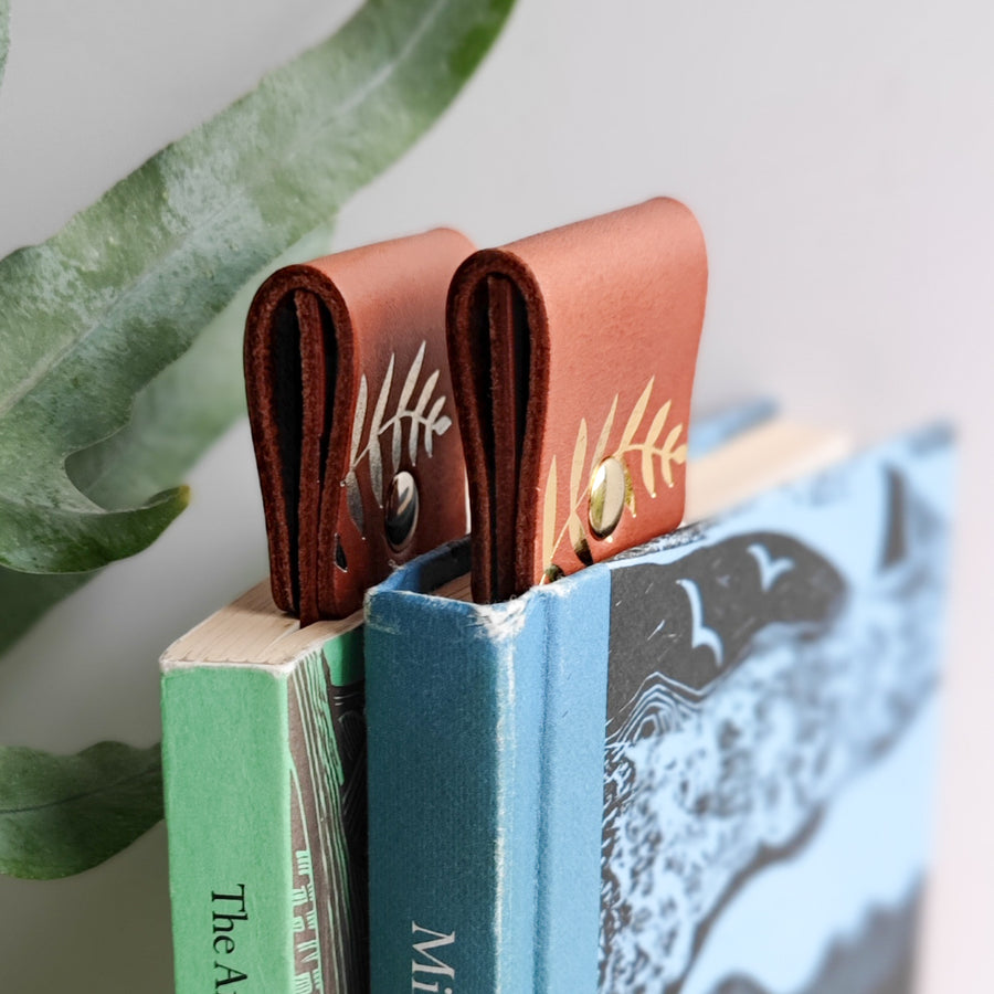 Tan leather botanical print bookmark