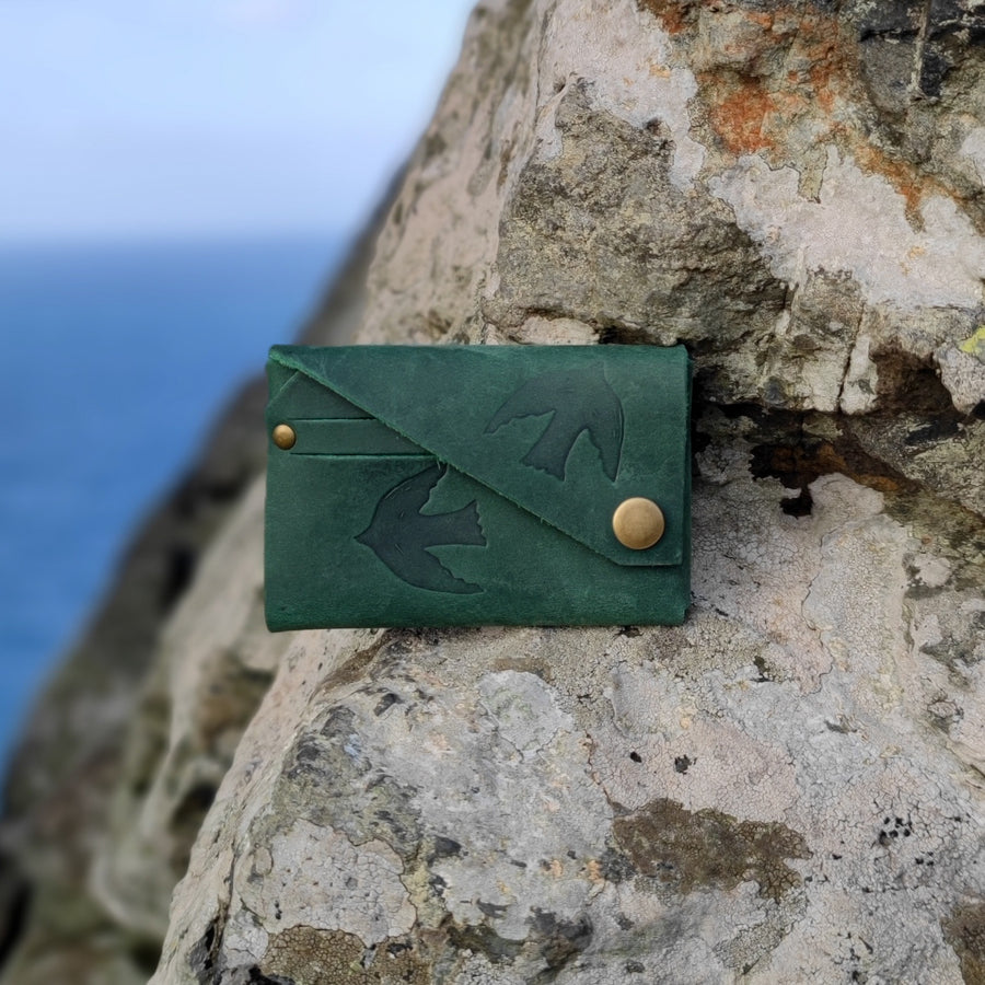 Green leather bird print wallet