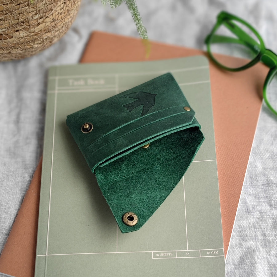 Green leather bird print wallet open photo 
