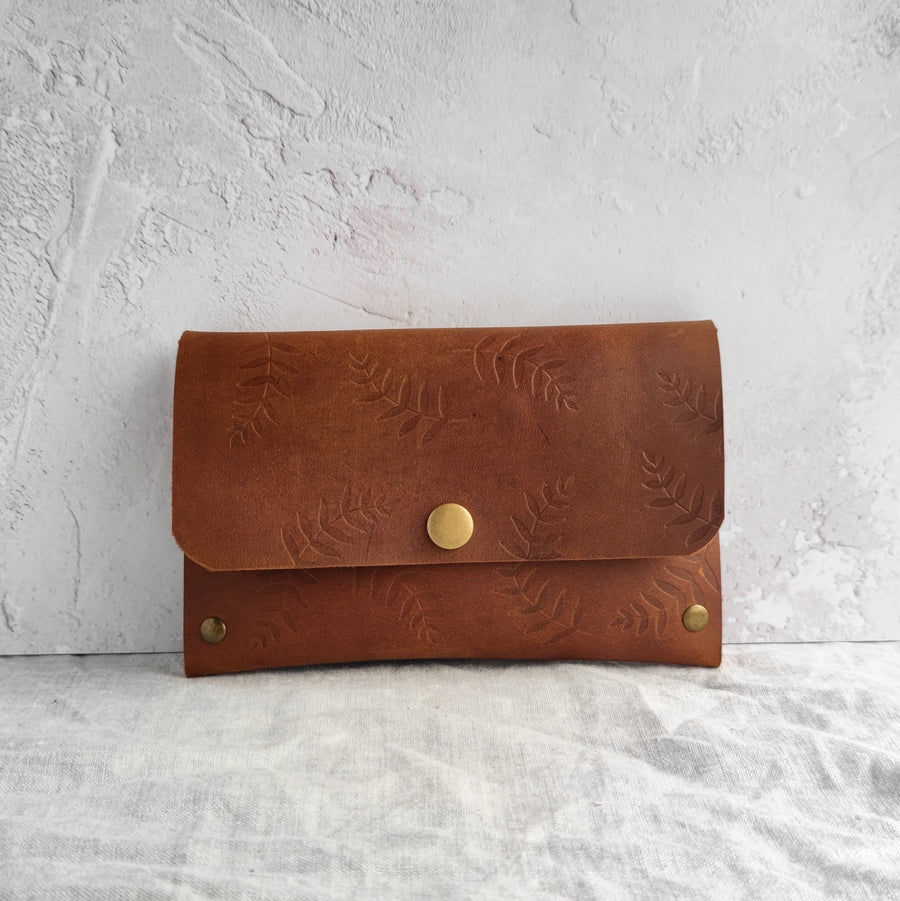 tan botanical print leather wallet 