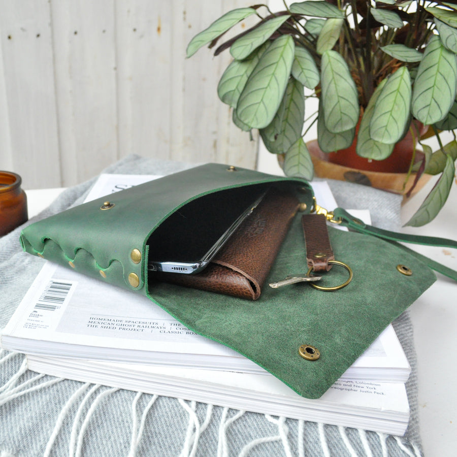 Green Oiled Wristlet Bag