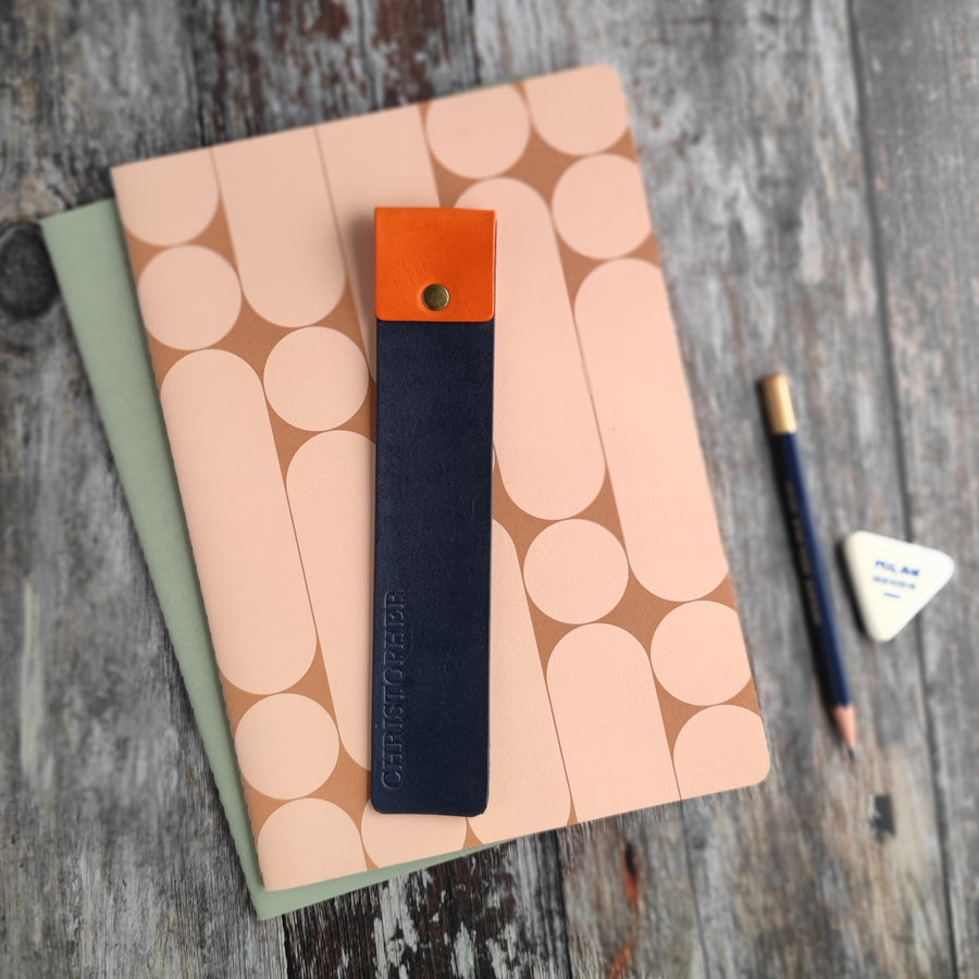 orange and navy leather bookmark