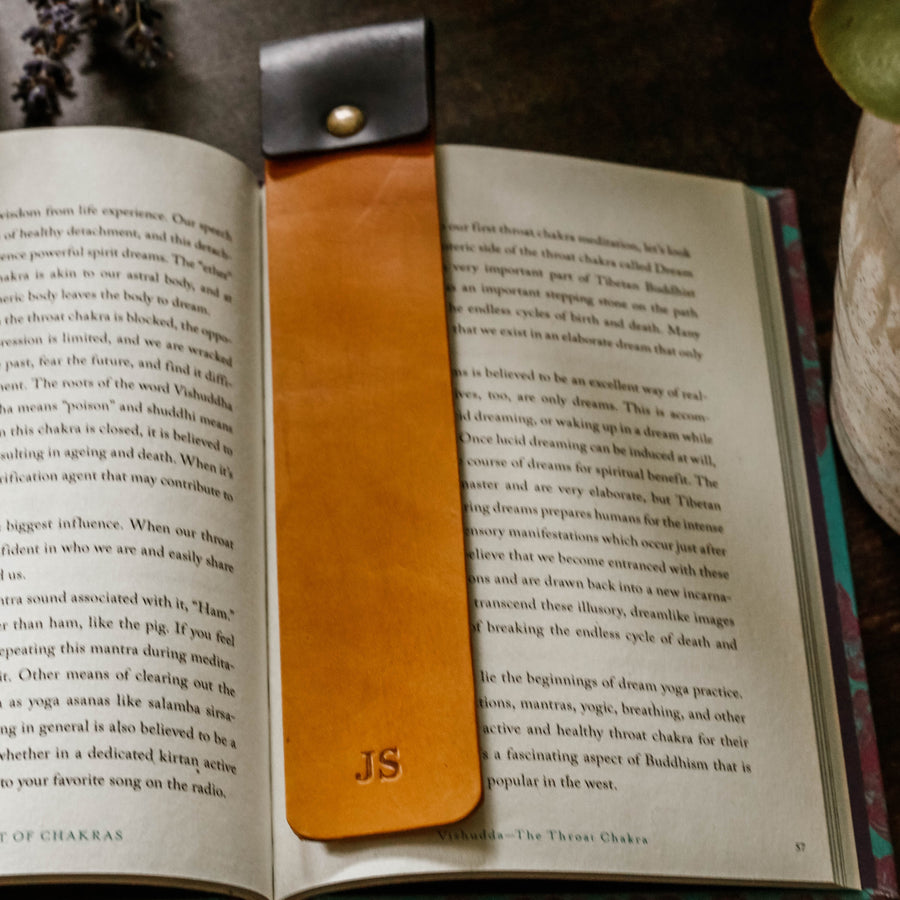 Navy and yellow leather bookmark 