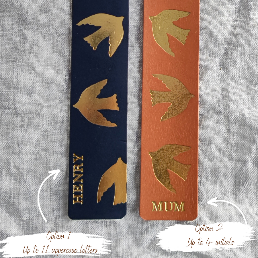Personalised Gold Foil & Orange Leather Bird Bookmark