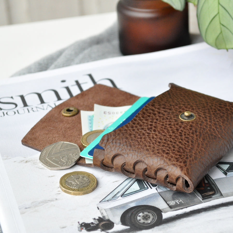 Textured Brown Leather Interlocked Purse