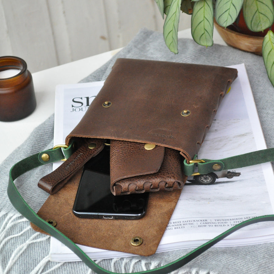 Textured Brown Leather Interlocked Purse