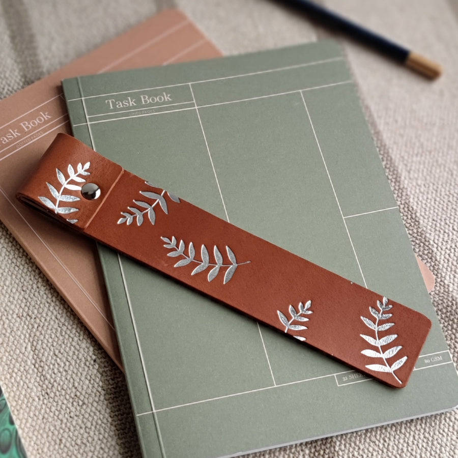 Silver Foil Botanical Tan Leather Bookmark