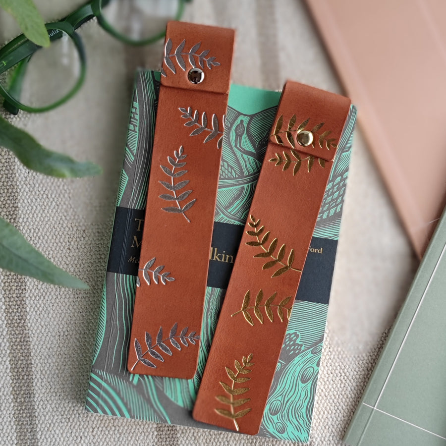 Tan silver and gold leather bookmarks