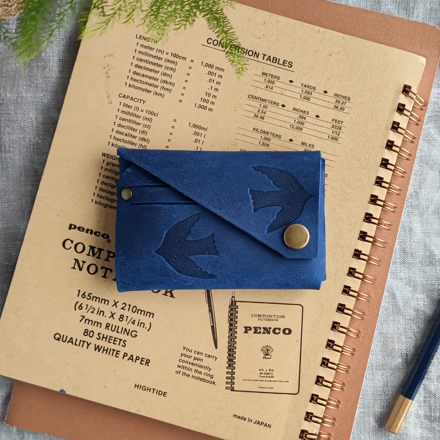 Navy Bird Print Oiled Leather Wallet