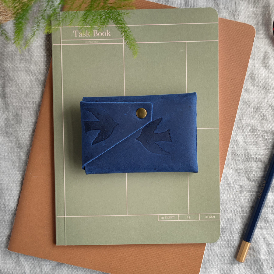 Navy Bird Print Oiled Leather Wallet