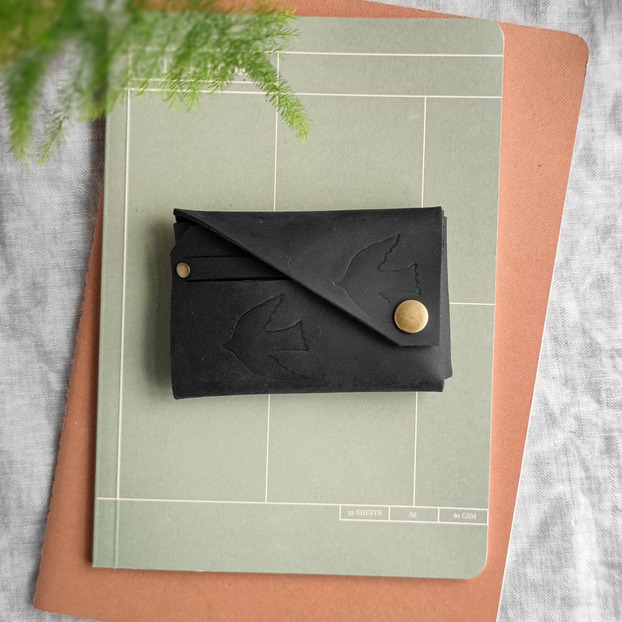 Black leather bird print wallet