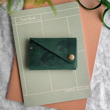 Green leather bird print wallet 