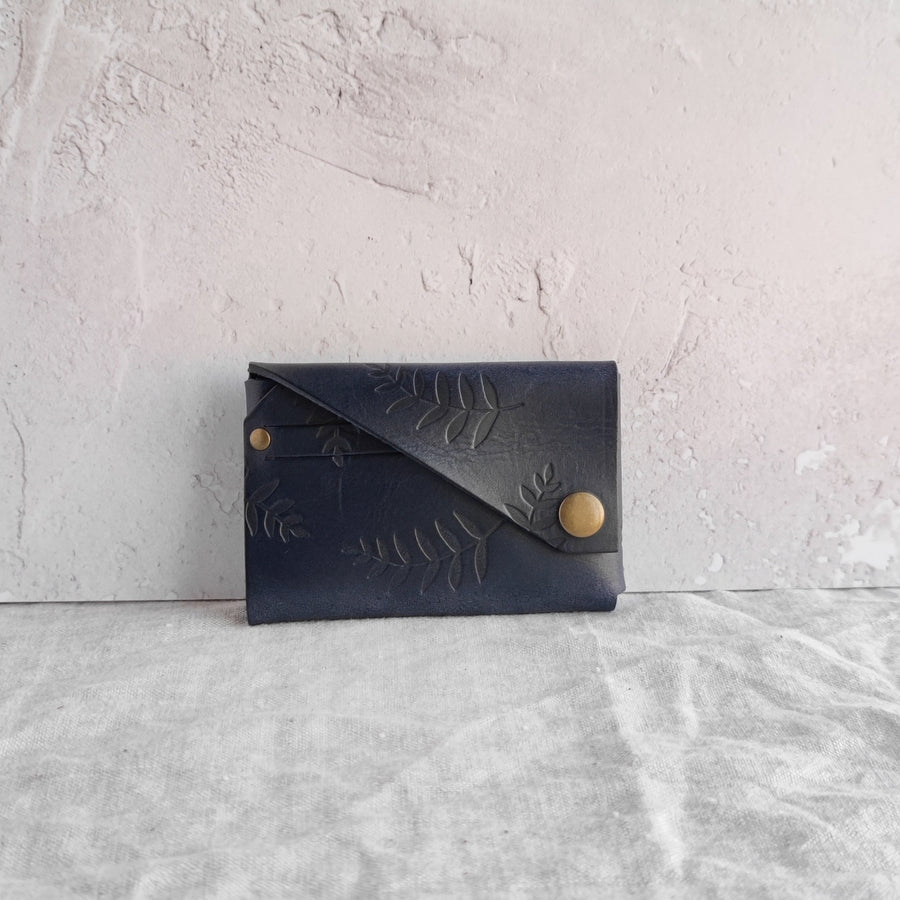 Navy Botanical Print Veg Tan Leather Wallet, non personalised- SLIGHT SECONDS SALE ITEM
