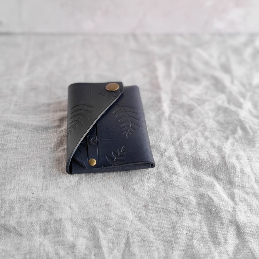 Navy Botanical Print Veg Tan Leather Wallet, non personalised- SLIGHT SECONDS SALE ITEM