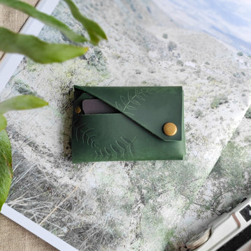 green botanical leather wallet 