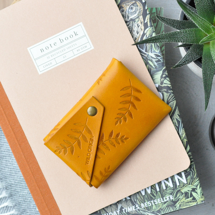 mustard botanical leather wallet rear photo 