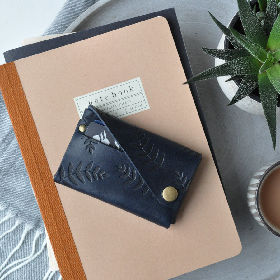 Navy botanical veg tan leather wallet 