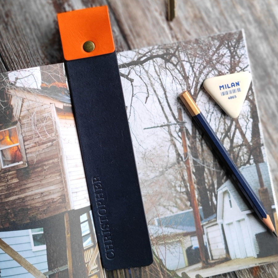Navy and Orange Leather Bookmark