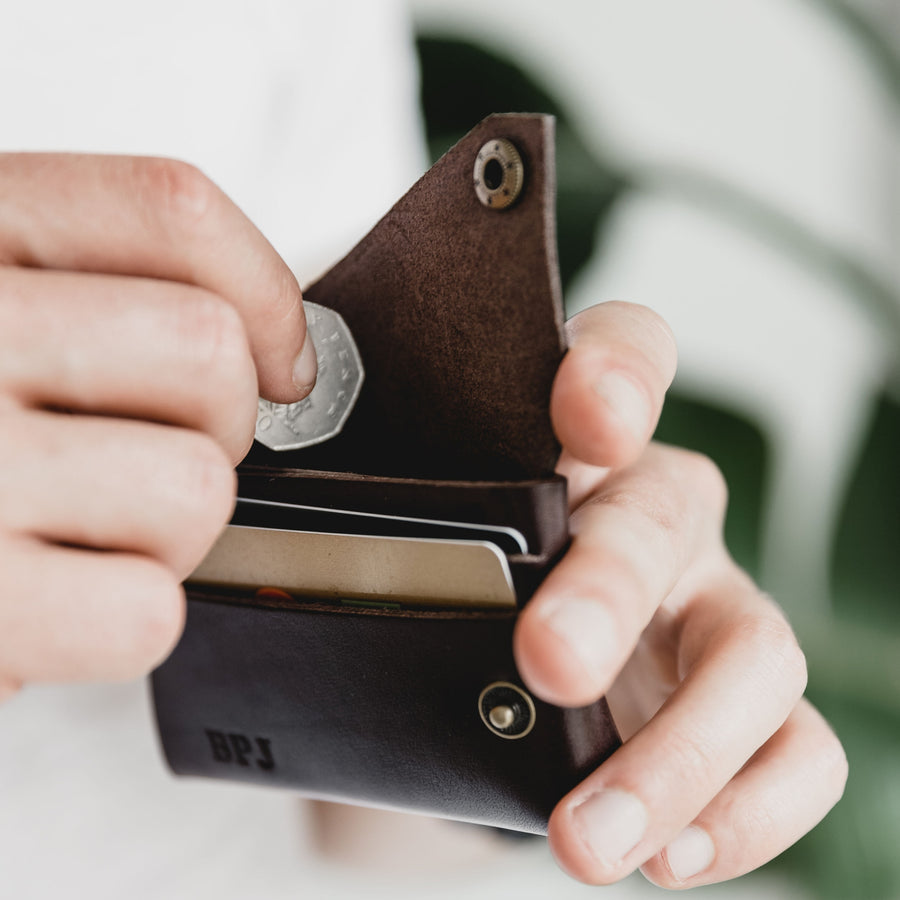 brown personalized leather wallet