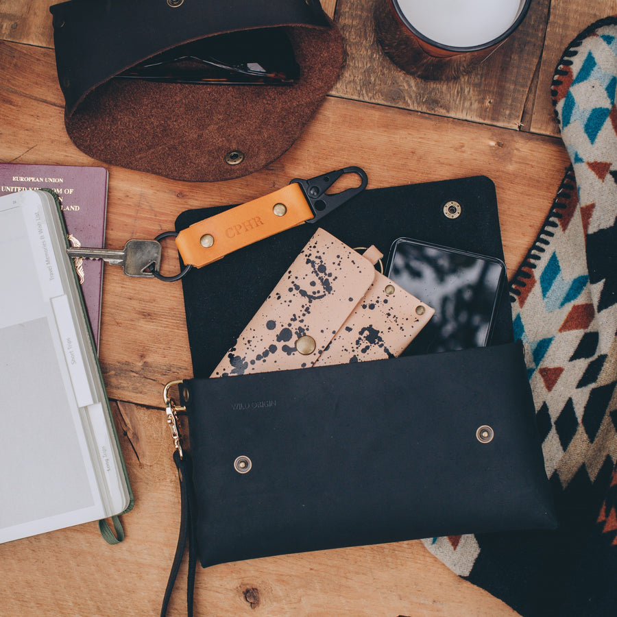 black leather clutch bag