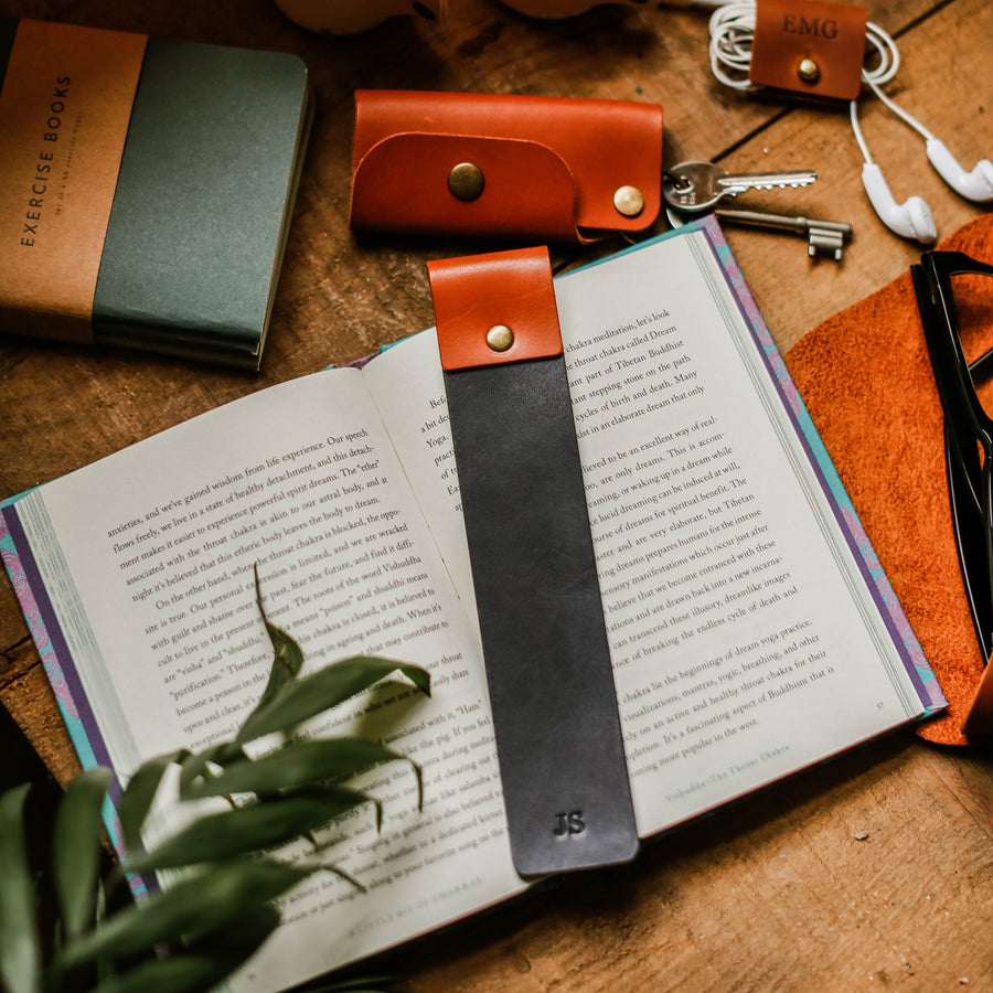 Navy and tan leather bookmark 