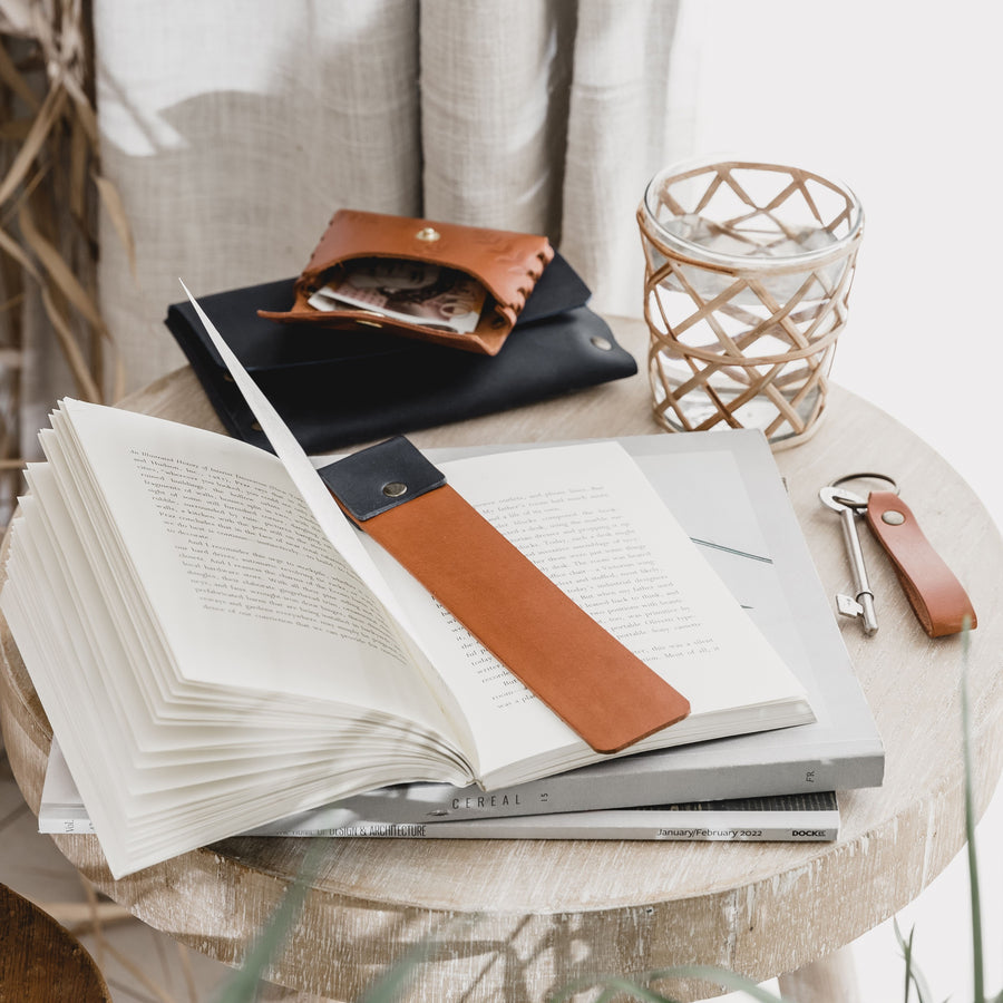 Tan and Navy Leather Bookmark