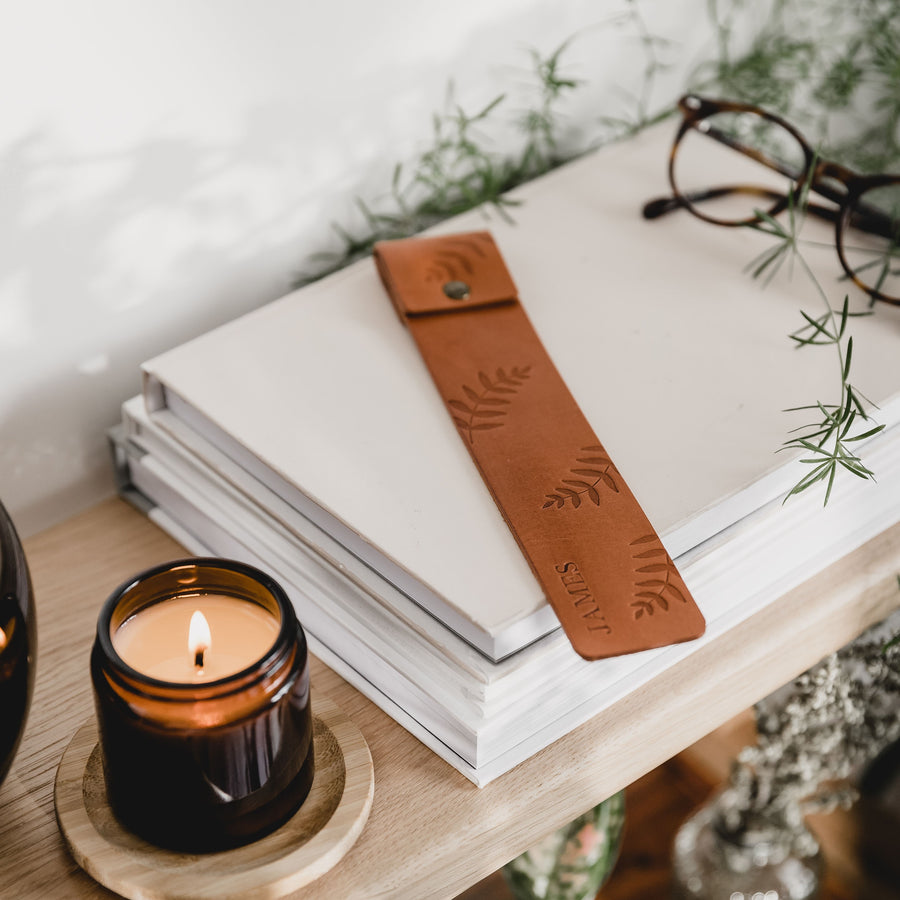 Personalised Botanical Tan Leather Bookmark