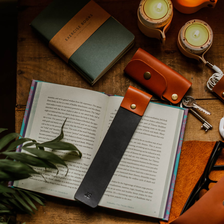 tan and navy leather bookmark 
