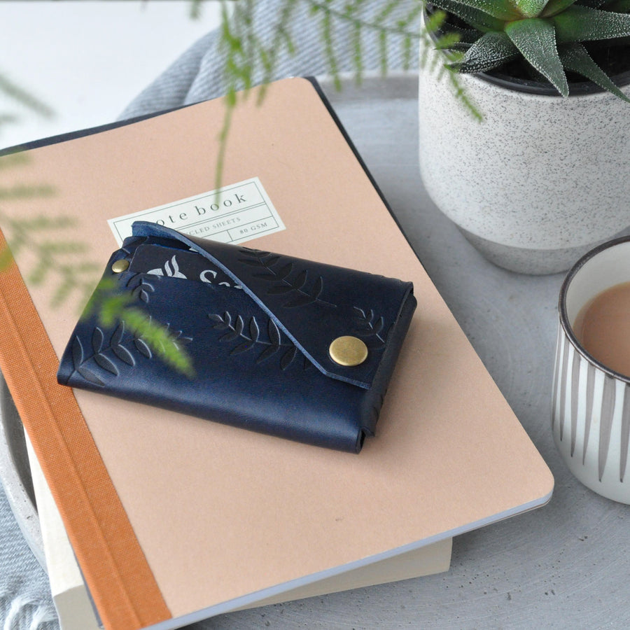 Navy botanical veg tan leather wallet 