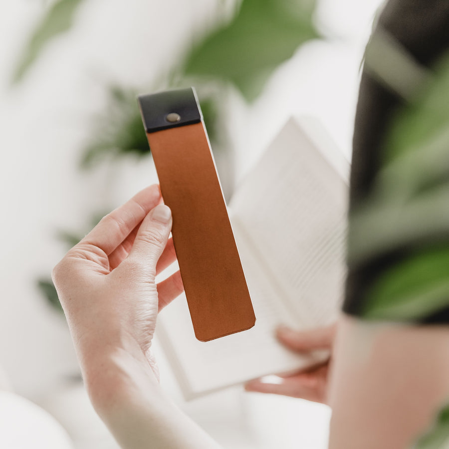 Tan and Navy Leather Bookmark